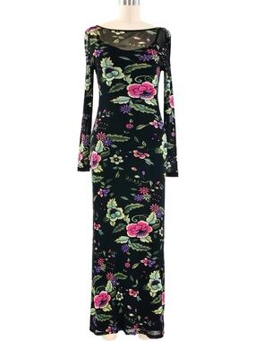 Vivienne Tam Black Floral Long-Sleeve Maxi Dress with Pink & Green Accents